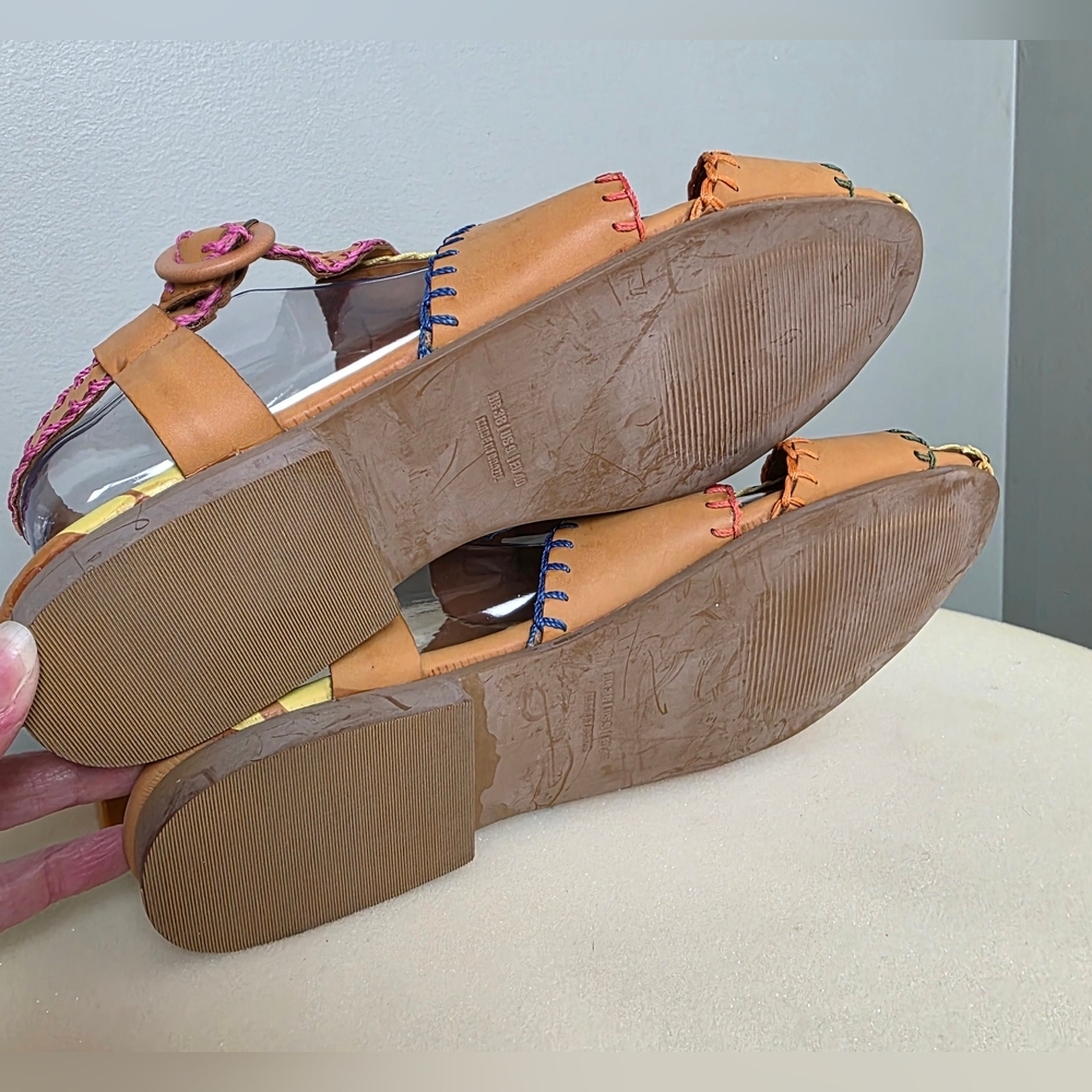 NWT Farm Rio Caramel Tan Whipstitch Fisherman Sandals Palm Tree Adjustable Strap - Picture 14 of 17